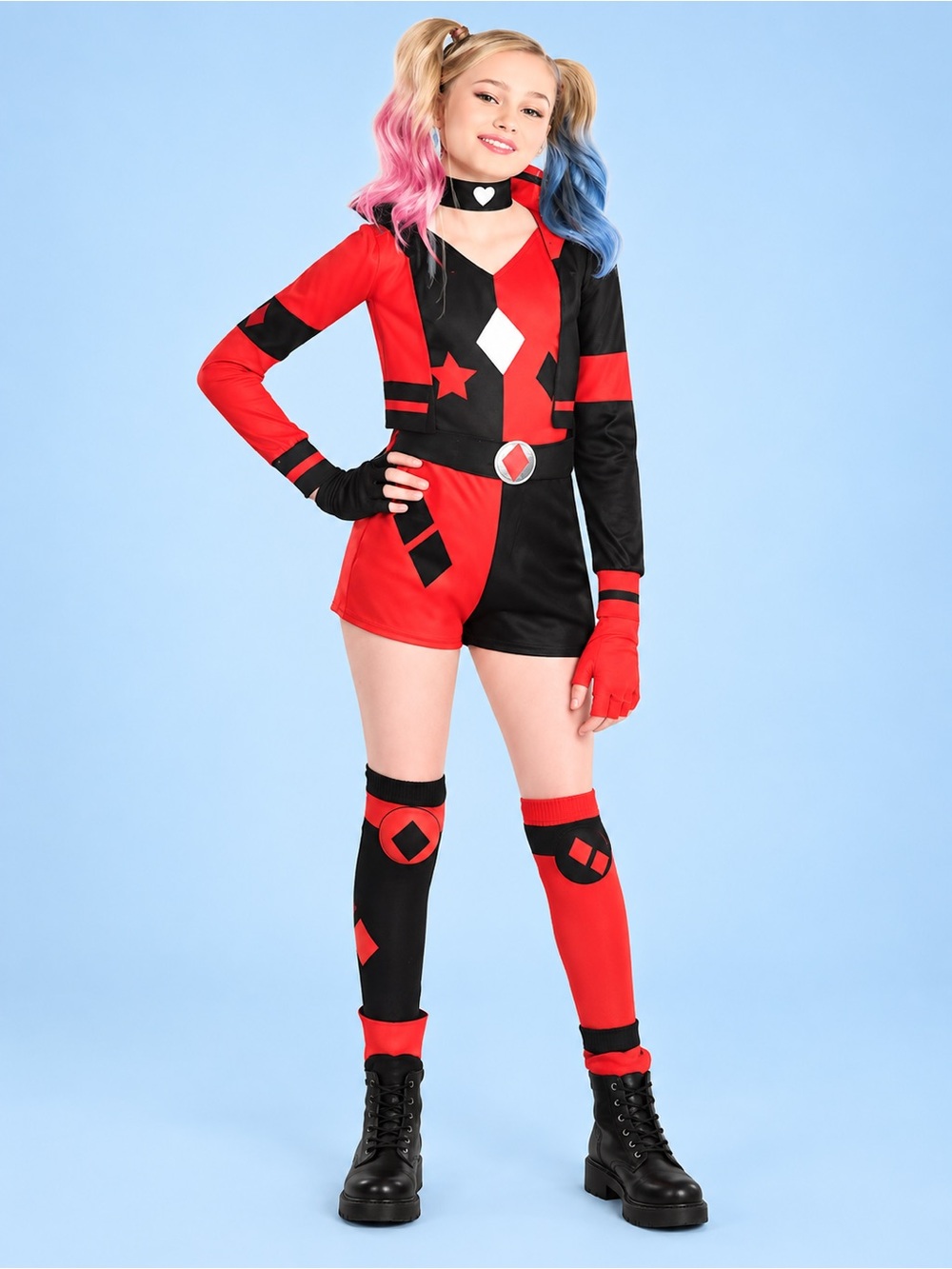 Kids Red & Black Superhero Harley Quinn Costume Playsuit